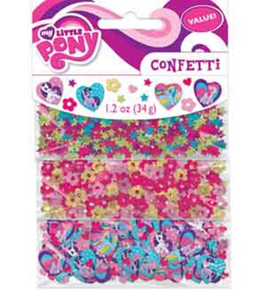 Colorful My Little Pony-themed confetti in heart and character shapes, pink, blue, and yellow hues in clear plastic.