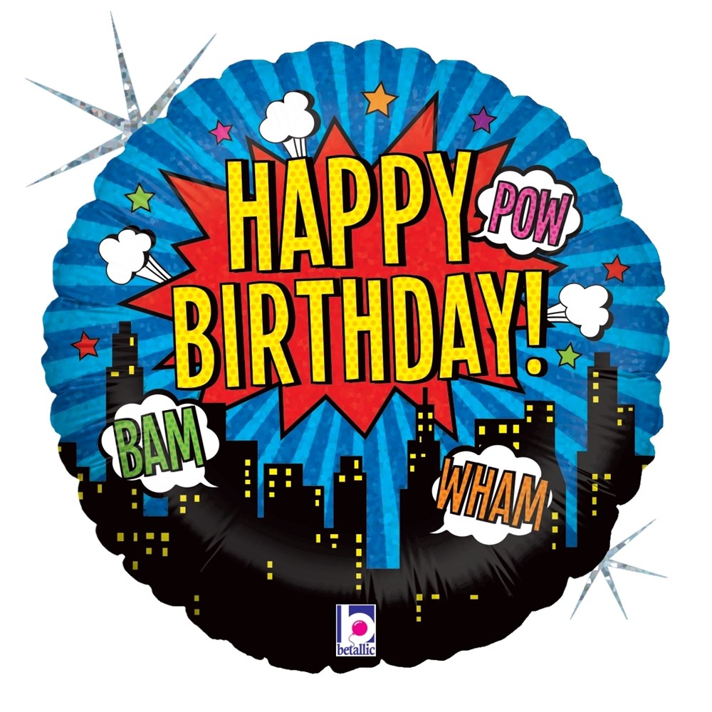Round holographic balloon with blue comic-style background, black cityscape, and colorful "Happy Birthday!" text with comic.