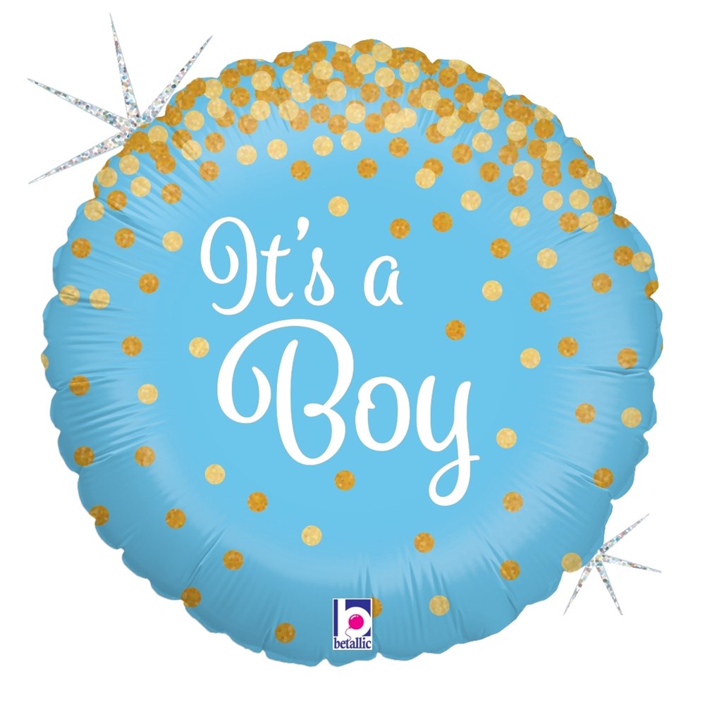 Round holographic blue balloon with gold confetti dots and white "It's a Boy" text.