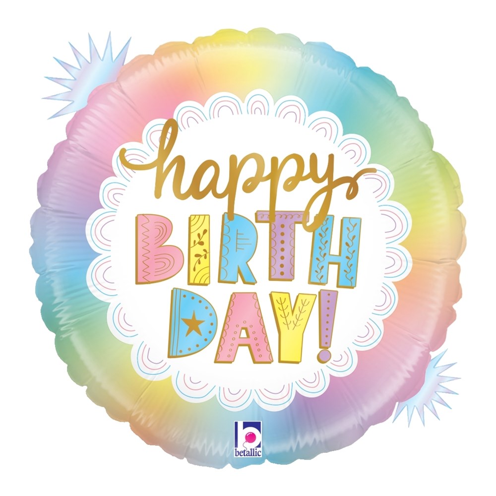 Round 18-inch holographic balloon with pastel rainbow gradient and "Happy Birthday!" in colorful, decorative fonts.