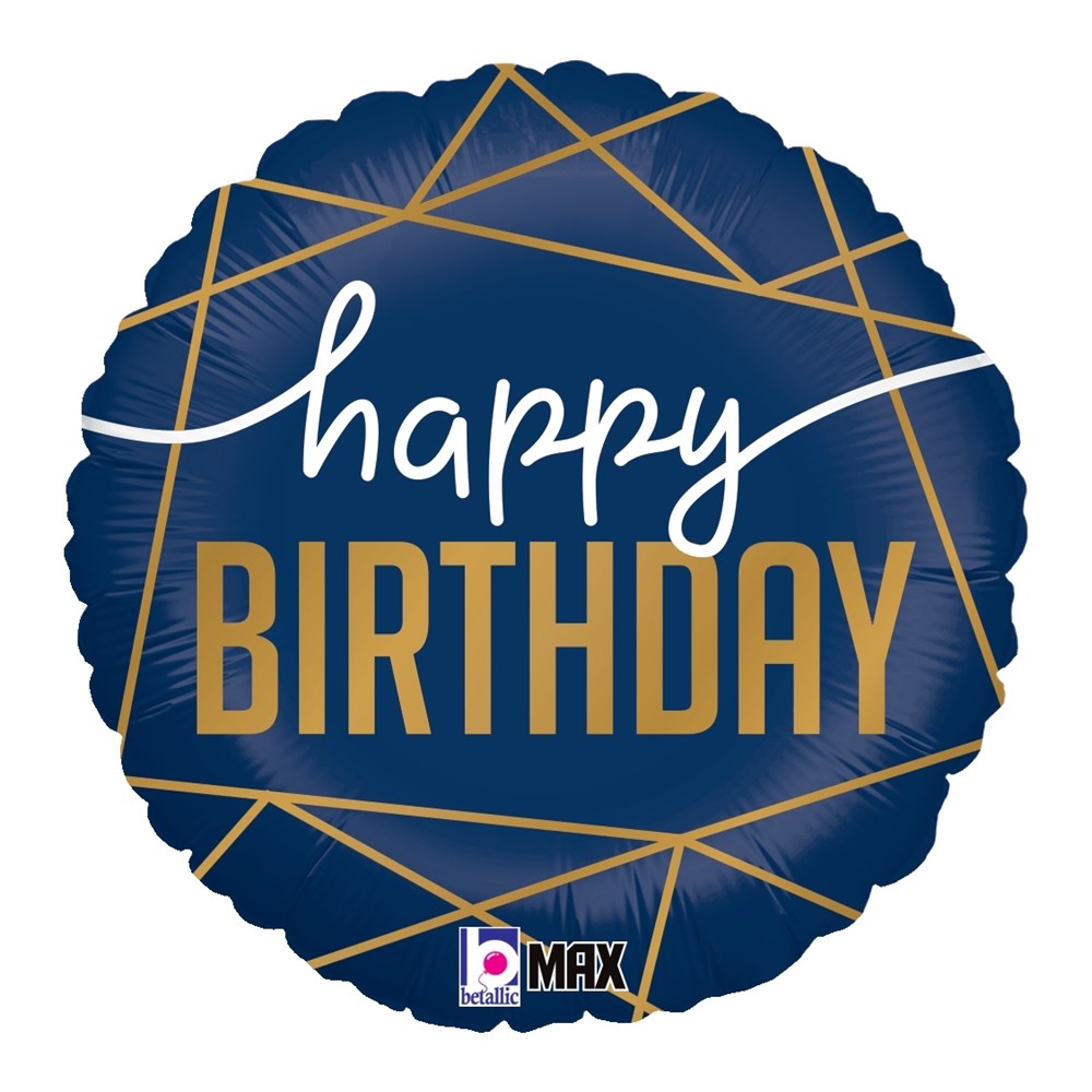 Navy blue round foil balloon with gold geometric lines and white and gold "Happy Birthday" text.