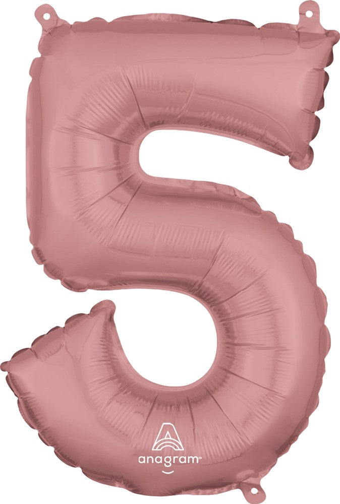 Rose gold foil balloon shaped as the number 5, 16 inches tall with a glossy finish.