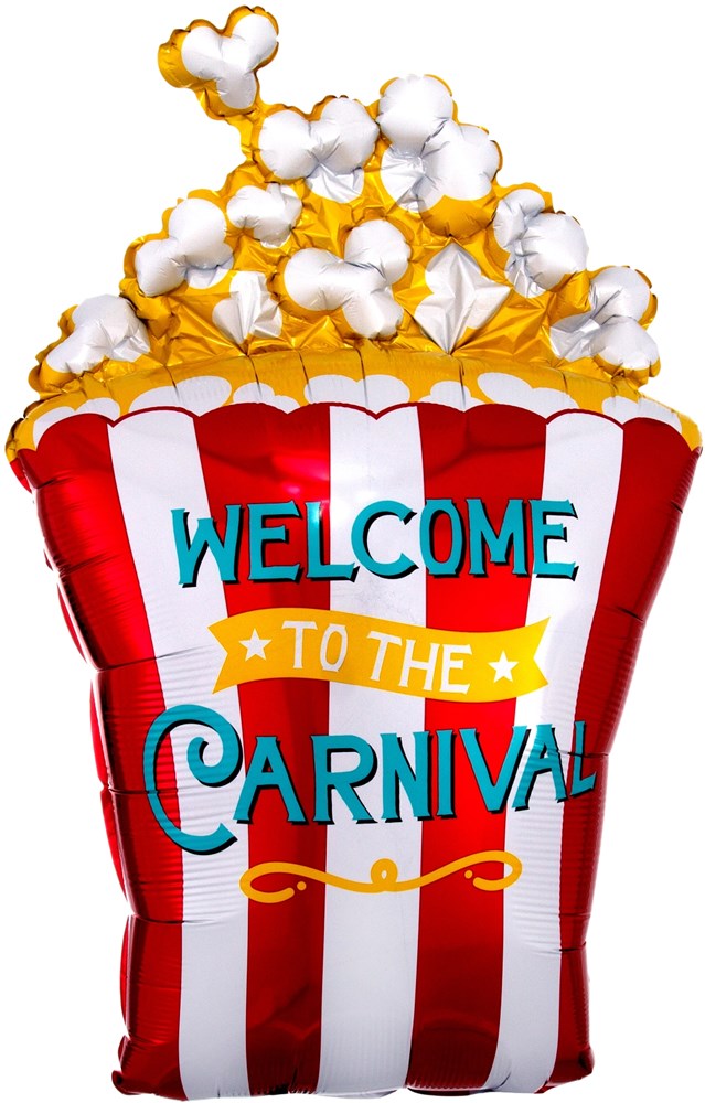 29-inch foil balloon shaped like a red and white striped popcorn container with yellow popcorn and "Welcome to the Carnival"