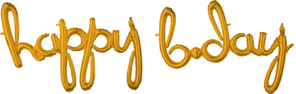 Gold foil balloon spelling out "happy b day" in cursive script, 76 inches long.