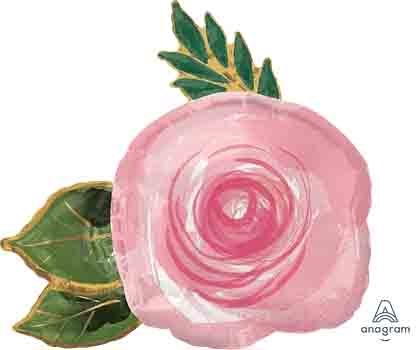 Pink foil balloon shaped like a large rose with green foil leaves on white background.