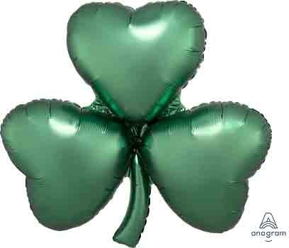 Emerald green foil balloon shaped as a three-leaf clover with a shiny satin finish.