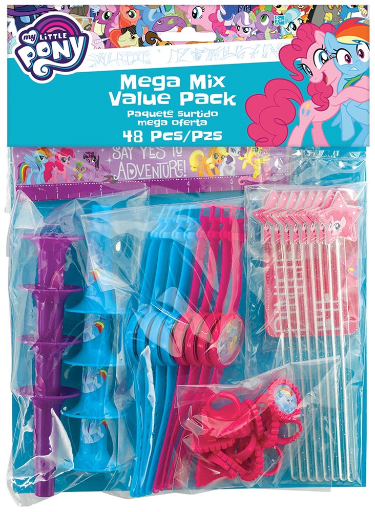 My Little Pony Mega Mix 48-piece party pack with blue, pink, and red plastic cutlery and striped paper straws in bright.