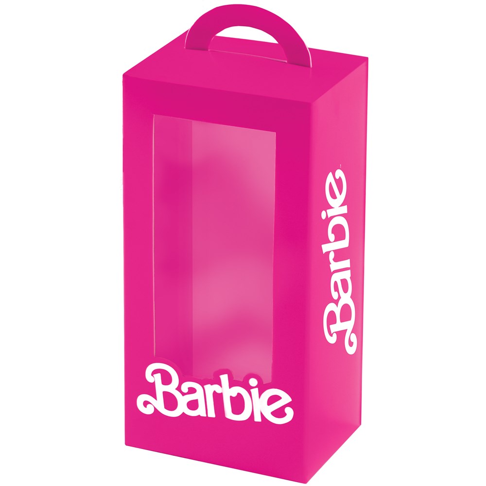 Set of four bright pink rectangular favor boxes with handle and clear front window, white Barbie logo on side and front.