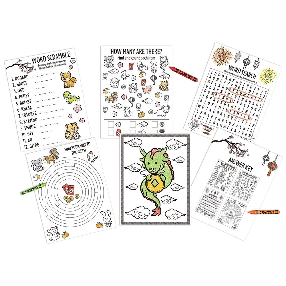 Colorful Chinese New Year-themed activity sheets featuring mazes, word scrambles, puzzles, and a dragon coloring page.