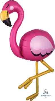 Pink flamingo-shaped foil balloon with yellow legs and black-tipped beak, 68 inches tall.