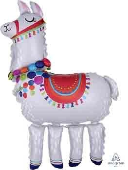 58-inch white foil llama balloon with colorful saddle and decorative pom-poms.