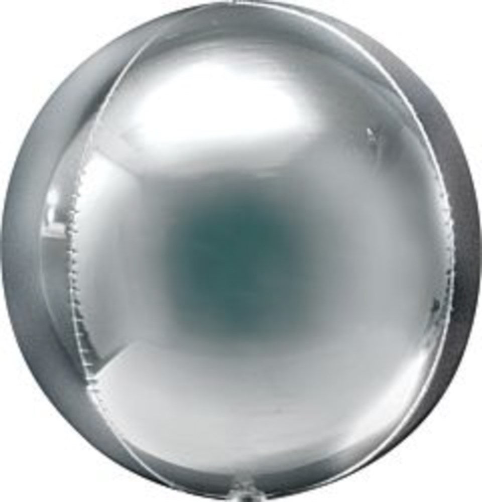 21-inch round orb-shaped silver foil balloon with shiny metallic finish.