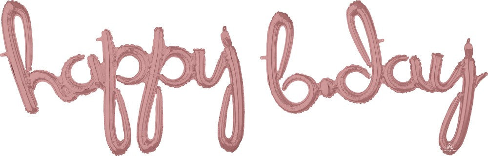 Rose gold foil balloon spelling "happy b-day" in cursive script, 76 inches wide.