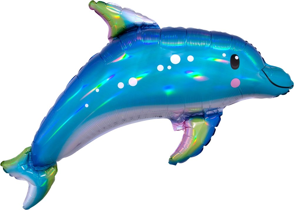 Blue foil dolphin-shaped balloon with iridescent shine and smiling face, 29 inches long.