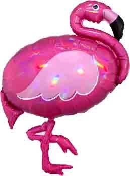 Bright pink foil balloon shaped like a flamingo with black beak and white wing detail, 33 inches tall.