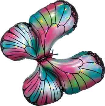 Teal, pink, and green foil butterfly balloon with black outline and wing details.