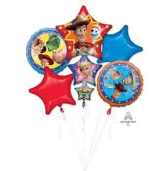 Five Toy Story 4 foil balloons, including star shapes in red and blue, and round character balloons featuring Woody, Buzz.