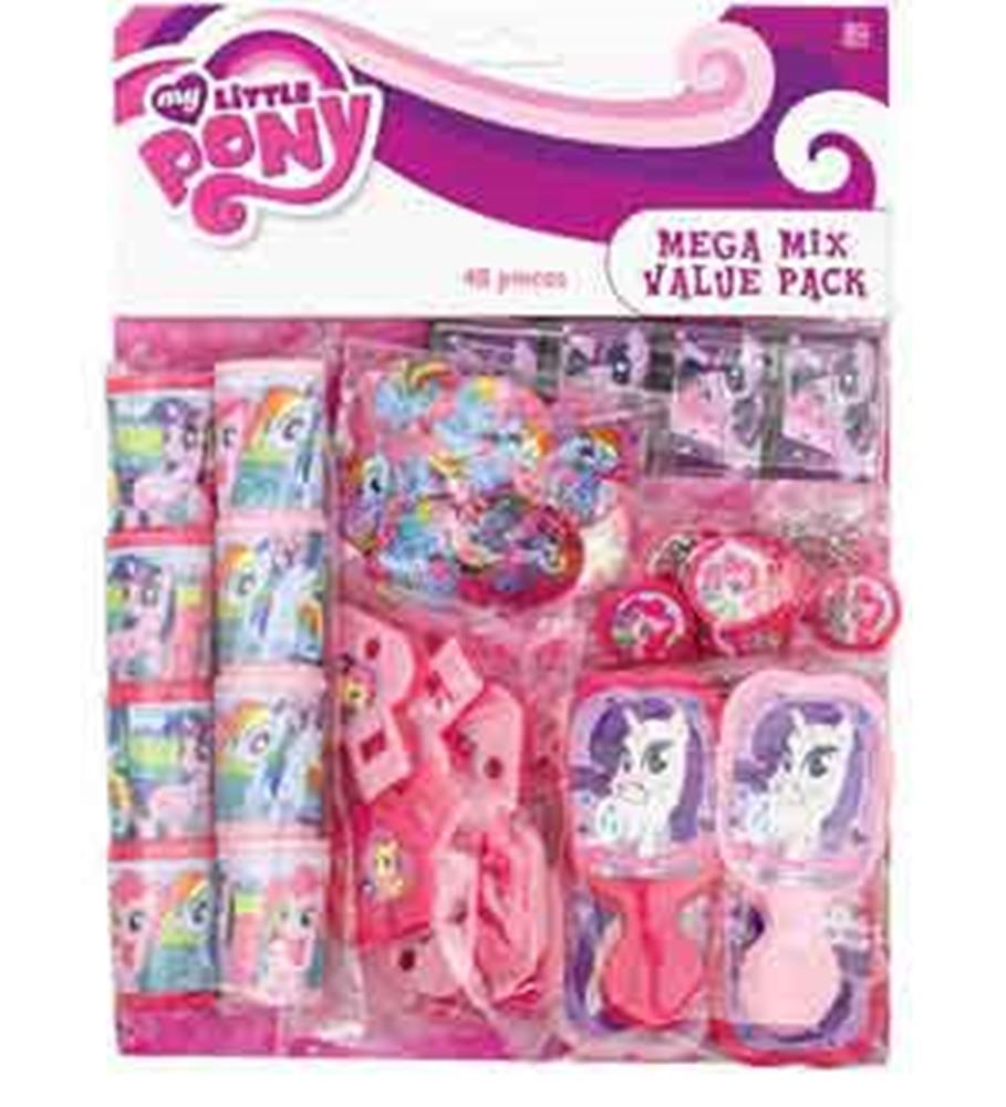 My Little Pony Mega Mix Value Pack with bracelets, rings, and party favors in pink and purple packaging.