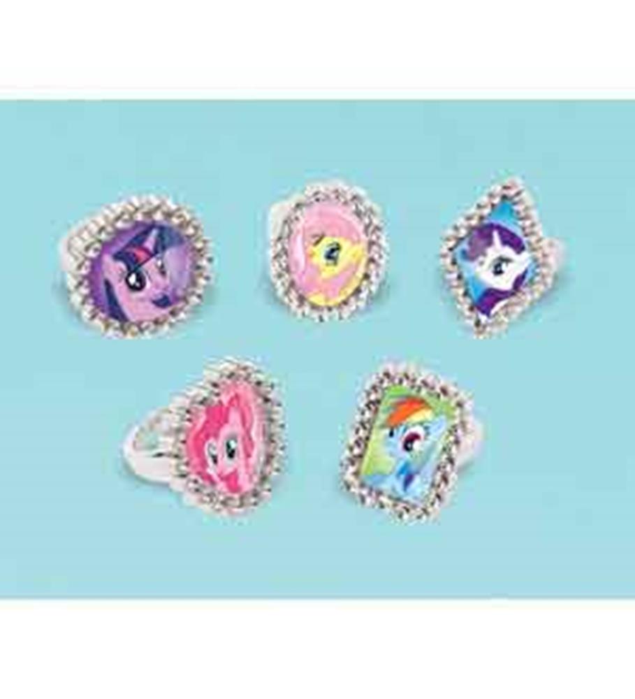 Set of five silver-tone rings featuring colorful My Little Pony character images with scalloped edges, designed for kids.