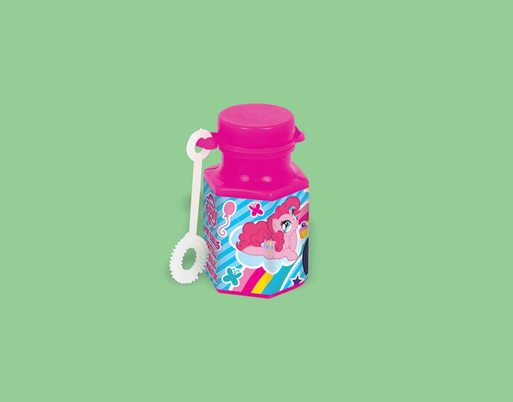 Bright pink small bubble bottle with My Little Pony character and rainbow design, includes white bubble wand.