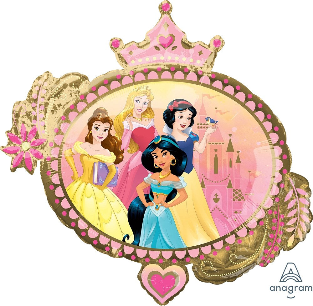 Oval gold foil balloon featuring Disney princesses Belle, Aurora, Snow White, and Jasmine with a pink castle background and.