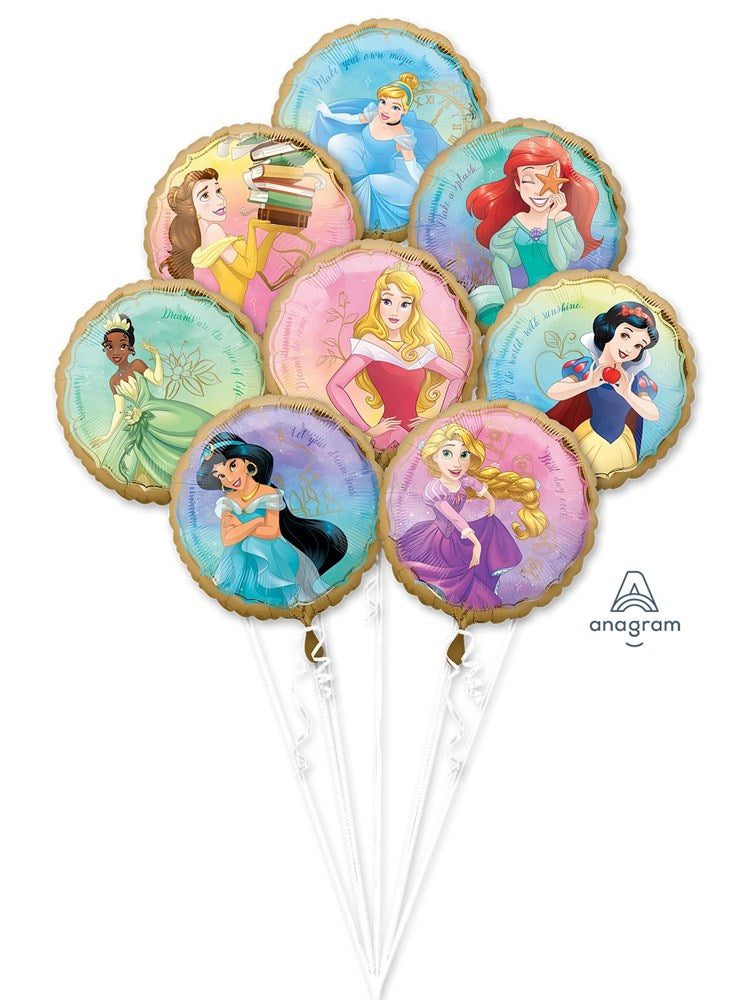 Eight foil balloons featuring colorful Disney princess portraits including Cinderella, Ariel, Belle, Rapunzel, Tiana,.