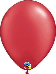 11-inch pearl-finish ruby red latex balloon, oval shape, smooth shiny surface.