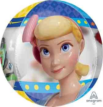 Round foil balloon featuring Bo Peep from Toy Story 4 with a colorful blue and yellow border.