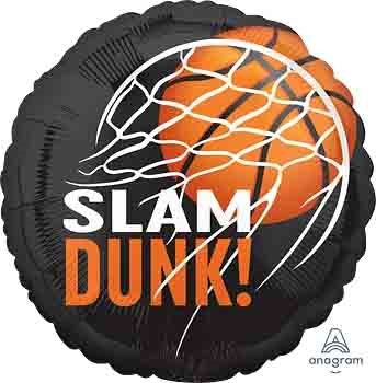 Black round foil balloon featuring an orange basketball and white net graphic with "SLAM DUNK!" text in white and orange.