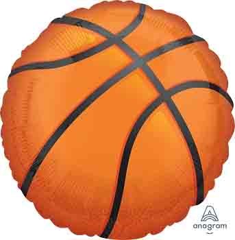 Orange round foil balloon designed to look like a basketball with black lines detailing the panels.