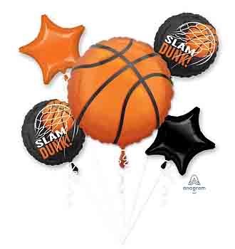Orange basketball-shaped foil balloon with two black round 'Slam Dunk' basketball foil balloons, plus one orange and one.