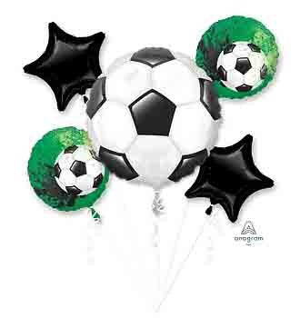 Five-piece foil balloon set with one large soccer ball, two green soccer ball-themed round balloons, and two black.