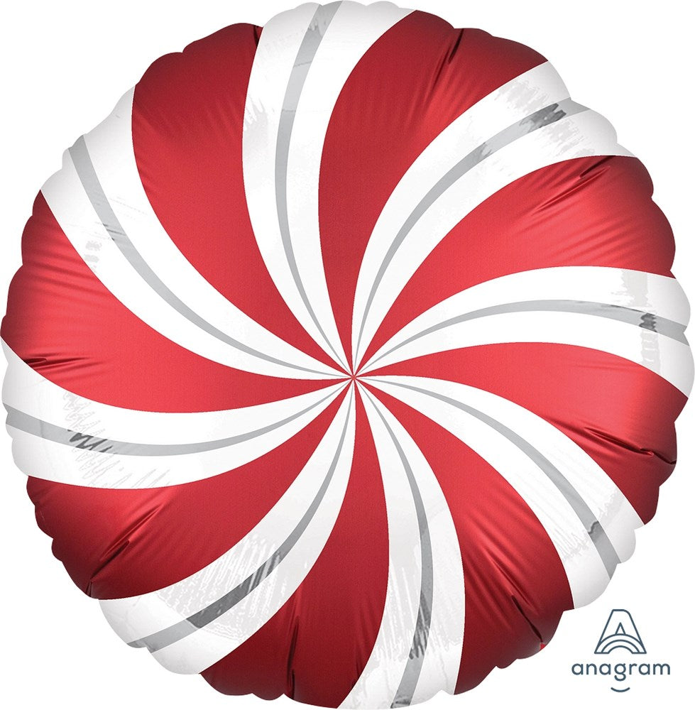 Round foil balloon with red, white, and silver candy swirl pattern, 18 inches diameter.