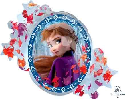 30-inch foil balloon with a purple-clad Anna from Frozen 2, surrounded by red and orange autumn leaves.