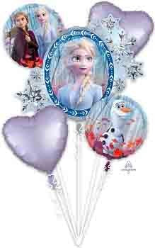 Frozen 2 foil balloon bouquet with Elsa, Anna, Olaf, two purple heart balloons, and snowflake shapes.