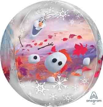 Round 16-inch foil balloon featuring Olaf and snowgies from Disney Frozen 2 with snowy and autumn leaf details.