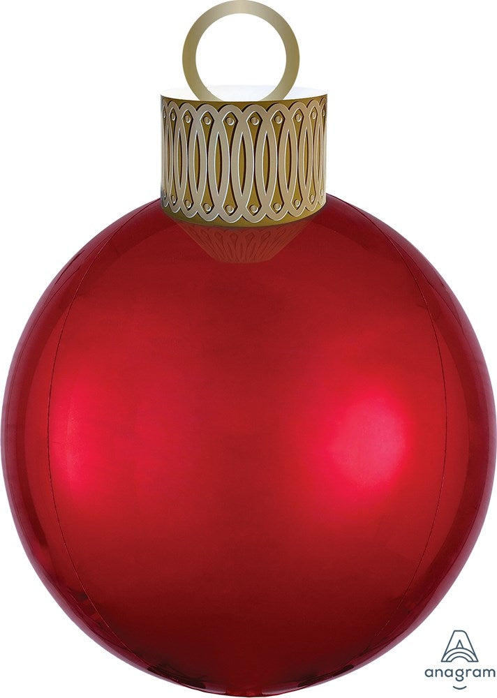 Shiny red spherical ornament balloon with gold cap and hanging loop, 20-inch diameter.
