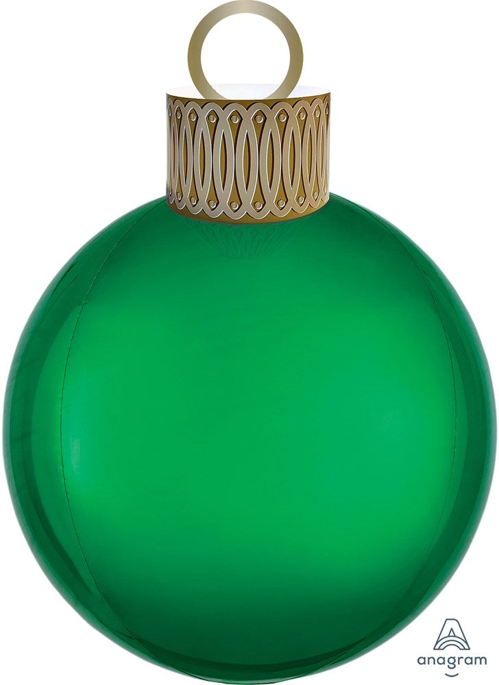 Large shiny green spherical balloon ornament with gold textured cap and hanging loop.