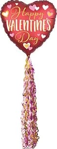 Heart-shaped red foil balloon with "Happy Valentine's Day" in gold foil, hanging curly tassels.