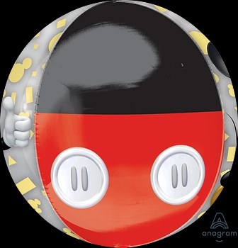 Round foil balloon designed as a stylized Mickey Mouse torso with black top, red bottom, and white buttons.