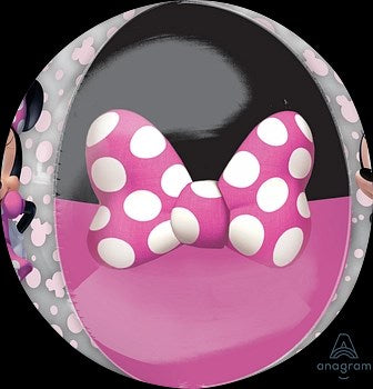 Circular foil balloon featuring Minnie Mouse's signature pink polka-dot bow and ears on a black and pink background with.