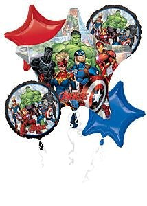 Set of five Avengers-themed foil balloons including red and blue stars, Captain America shield, and group character designs.