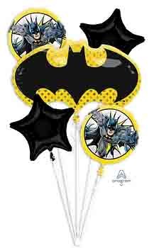 Five-piece Batman foil balloon bouquet with a large black and yellow Batman logo balloon, two round Batman character.