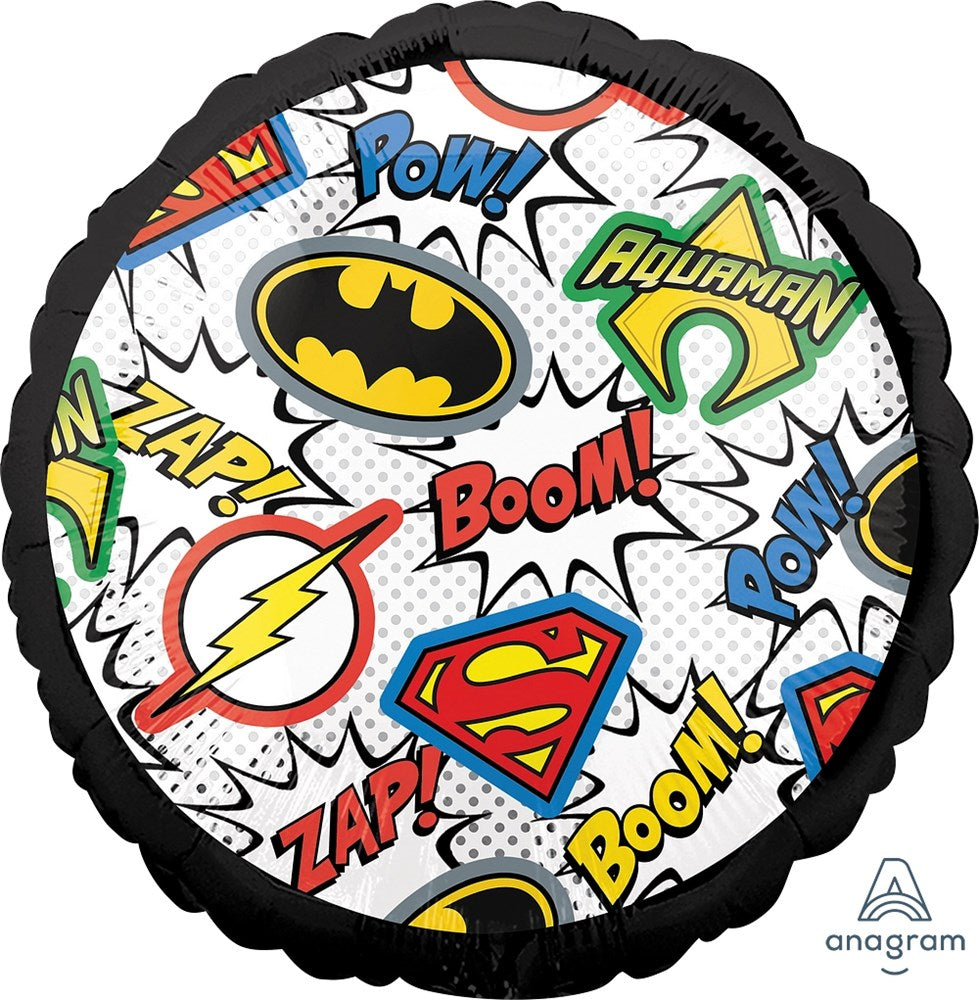 Round foil balloon with comic book style Justice League logos and sound effect words in bright colors on white background.