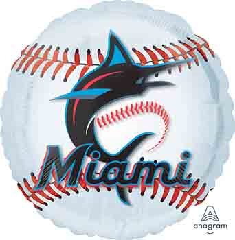 18-inch round foil balloon designed as a white baseball with red stitching, featuring a black and teal marlin and "Miami".