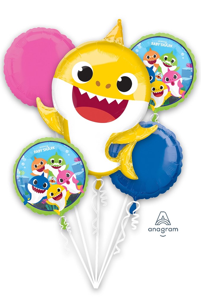 Five colorful foil balloons featuring a large yellow Baby Shark and four round balloons in pink, blue, and Baby Shark.