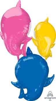 Set of three foil balloons shaped like Baby Shark characters in pink, yellow, and blue with fins and tails.