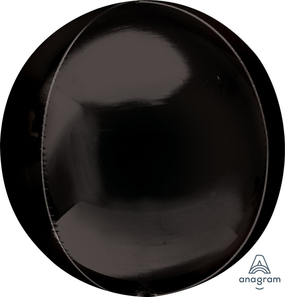 Black round 21-inch shiny foil balloon with smooth surface and subtle seam lines.