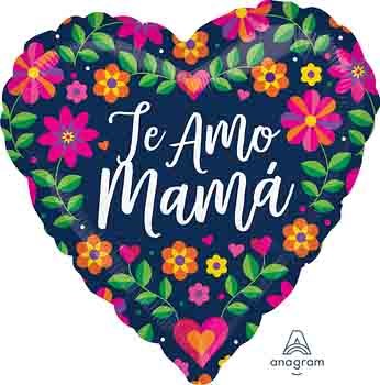 Heart-shaped dark blue foil balloon with colorful pink, orange, and yellow floral accents and "Te Amo Mamá" white script.
