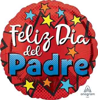 Red round foil balloon with colorful stars and "Feliz Dia del Padre" in white and blue letters.